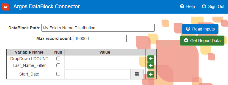 Table of variable names.  Next to each variable name is a "null" checkbox, a field to enter a value, and a + button used to add an additional value to this variable.  In this example, the three variables being returned are called DropDown1.count, Last_Name_Filter, and Start_Date.